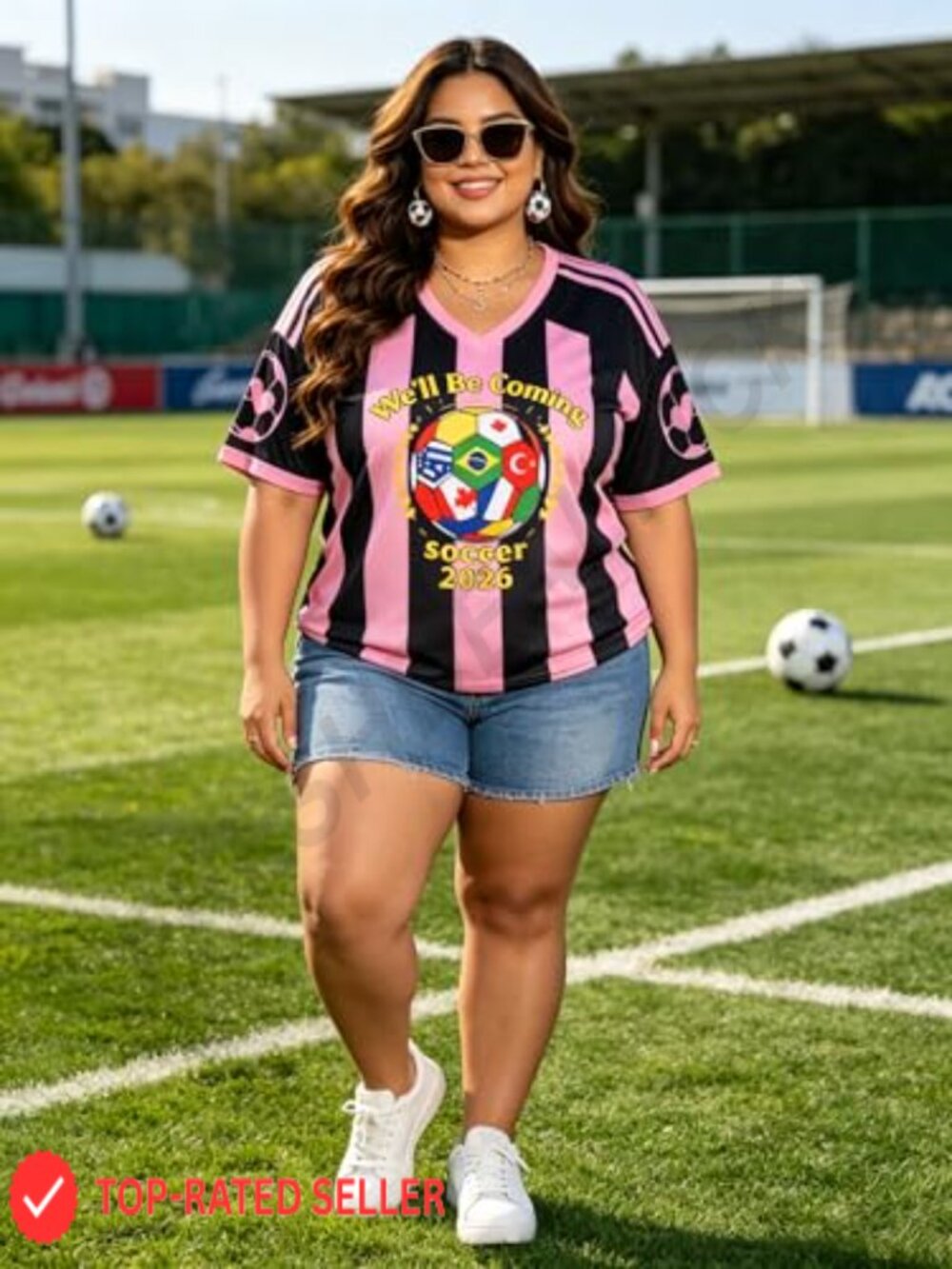 Oversized Plus Size Soccer Jersey V-Neck Tee - 100% Polyester Sports Fan Top - Picture 3 of 5